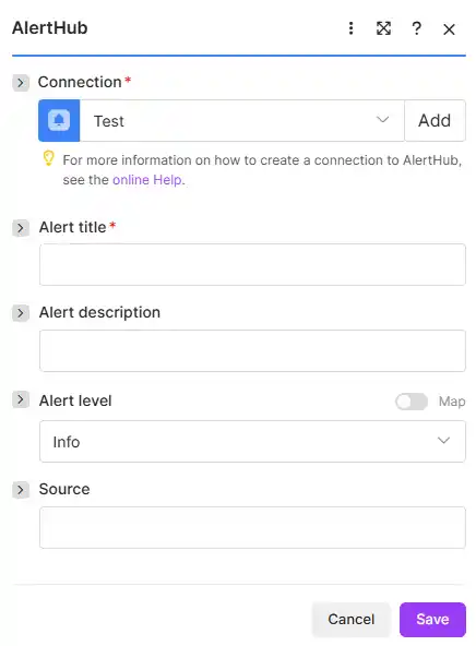 Configure Alert title, description, level, and source in Make