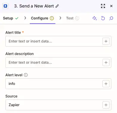 Configure Alert title, description, level, and source in Zapier