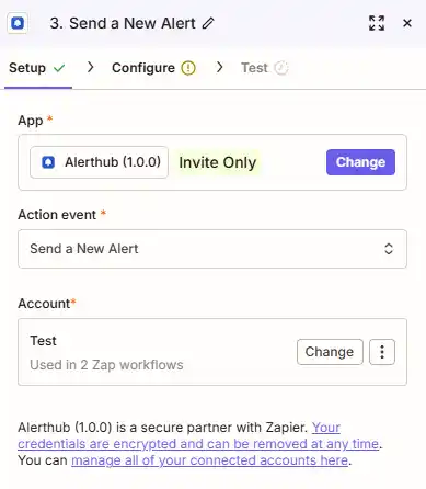 Zapier setup: App Alerthub, action Send a New Alert, and connected account